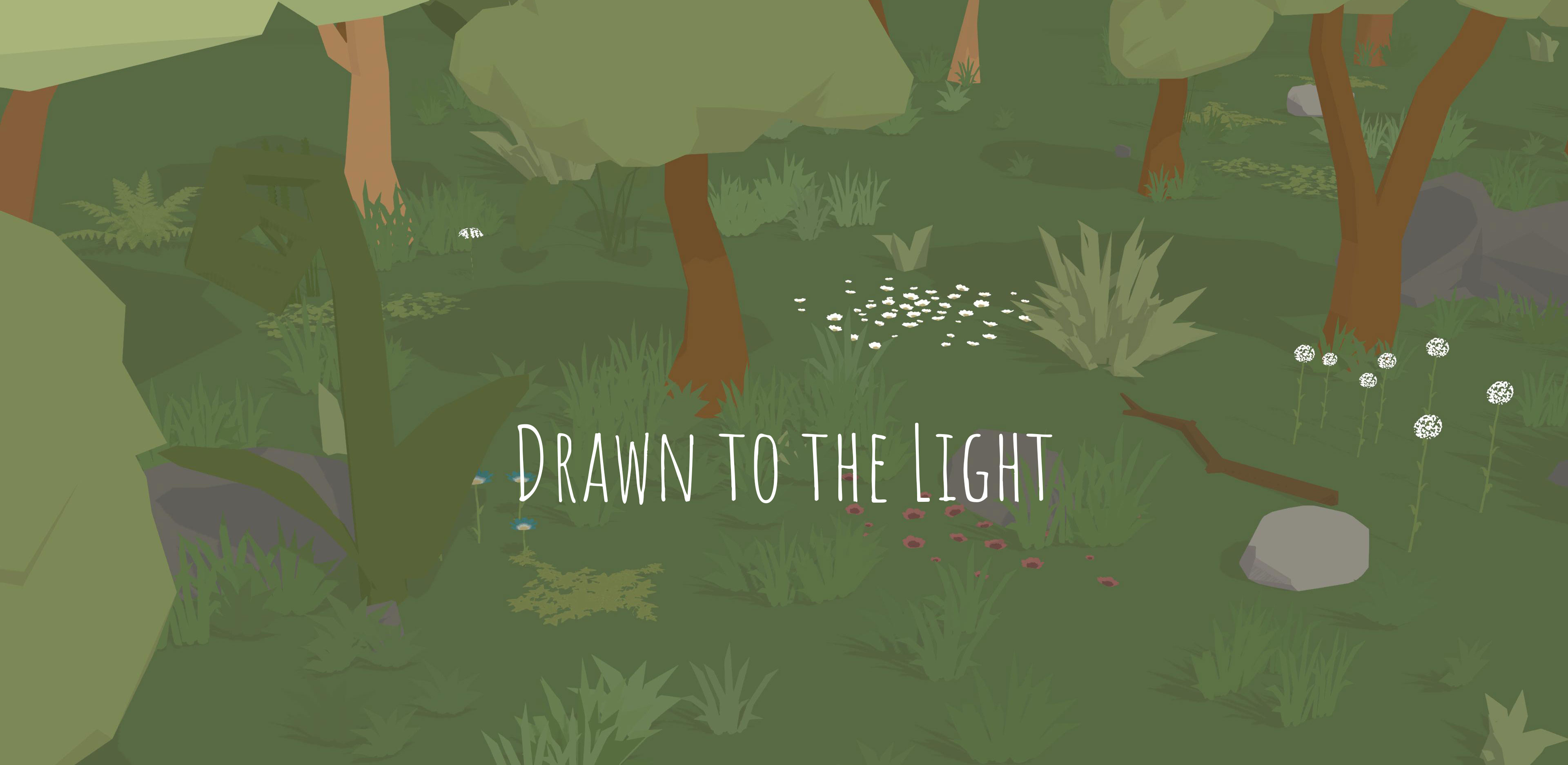 Drawn to the Light game featured image showing a dark forest centered ...